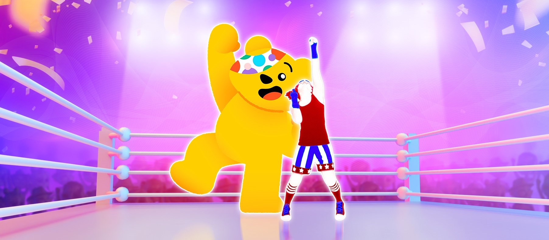 Pudsey and a Just Dance character pose on a pink background